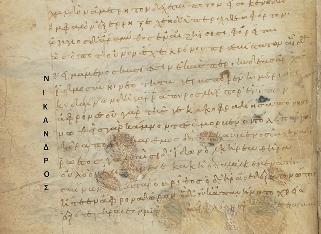 A medieval manuscript of Nicander's Theriaca poem showing his acrostic signature running vertically