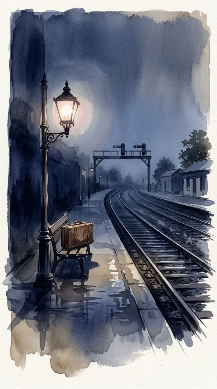 After the Last Train — poetic ink illustration Ink and watercolor image of an empty station platform after the last train, with wet rails and a soft night lamp.