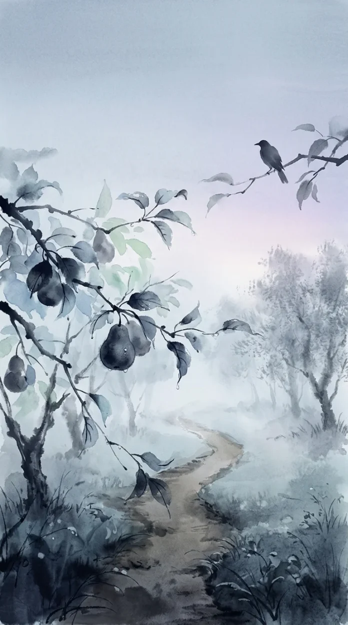 Orchard Before Dawn Ink painting of a quiet orchard before dawn