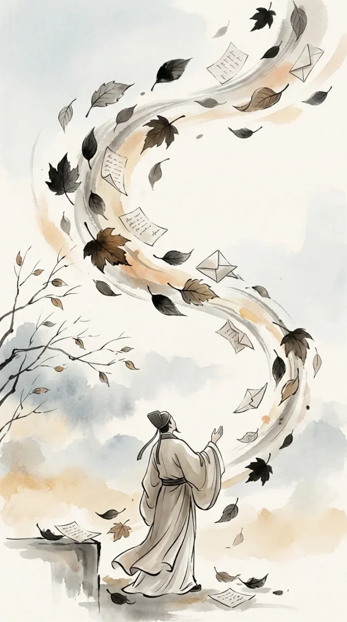 Autumn leaves carried by the wind — ink wash painting Autumn leaves lifted by wind in an ink wash landscape, muted earth tones and misty horizon