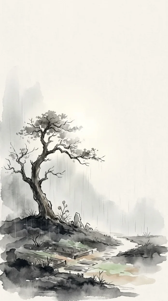 Rain Finds the Burnt Garden — vertical ink painting Vertical ink painting of a fire-scarred garden receiving a first veil of rain.