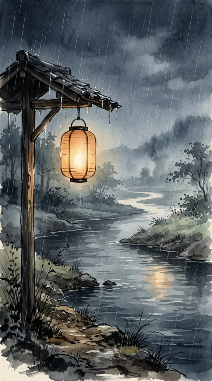 The Lantern Beneath Rain Glowing lantern in rain beside a river, poetic ink and watercolor wash