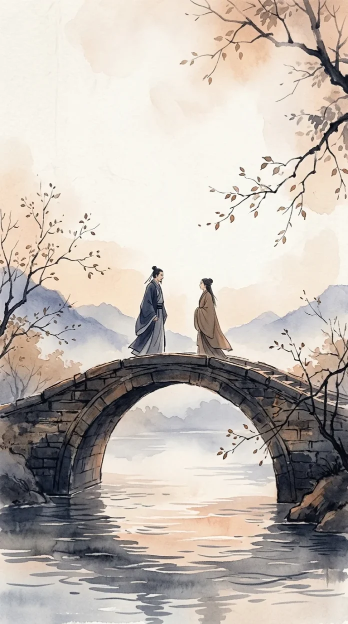 The Bridge Kept Our Voices — vertical ink painting Vertical ink painting of two figures meeting on an old bridge above a quiet river at dusk.
