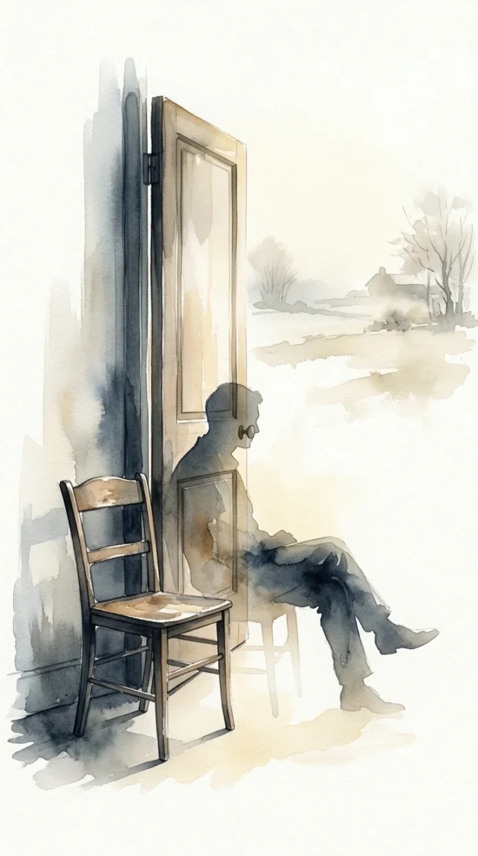 The Chair by the Open Door — poetic illustration Empty chair beside a half-open door in soft light, contemporary ink and watercolor poetic illustration