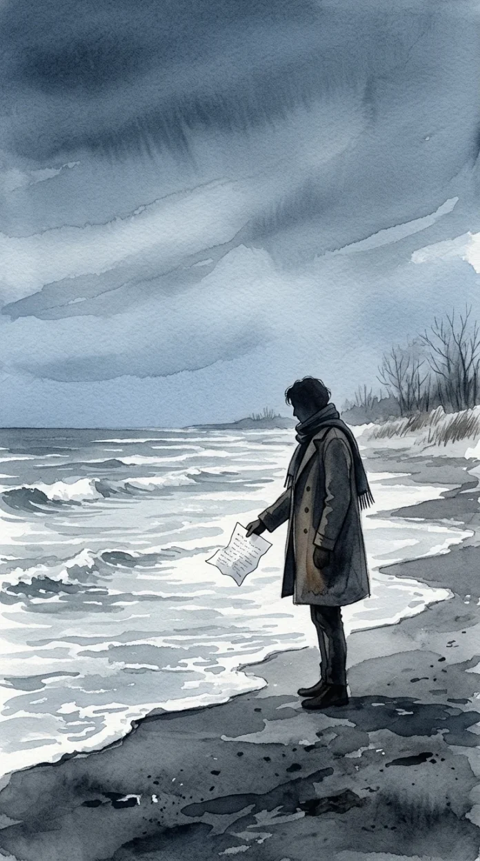 The Letter Before the Sea — vertical ink-and-watercolor illustration Vertical ink-and-watercolor illustration of a coat-clad figure facing the winter sea at blue hour with a letter in hand.