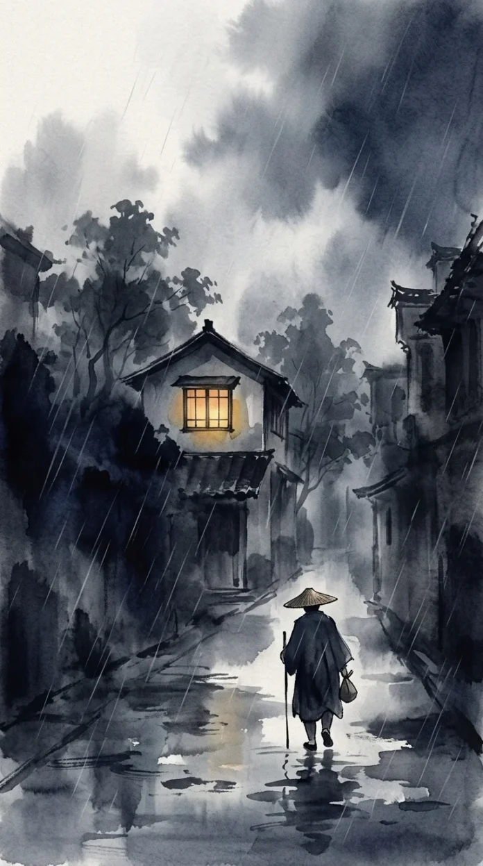 The Window Kept Awake — vertical ink painting Vertical ink painting of a rainy night street with one upstairs window glowing warmly.