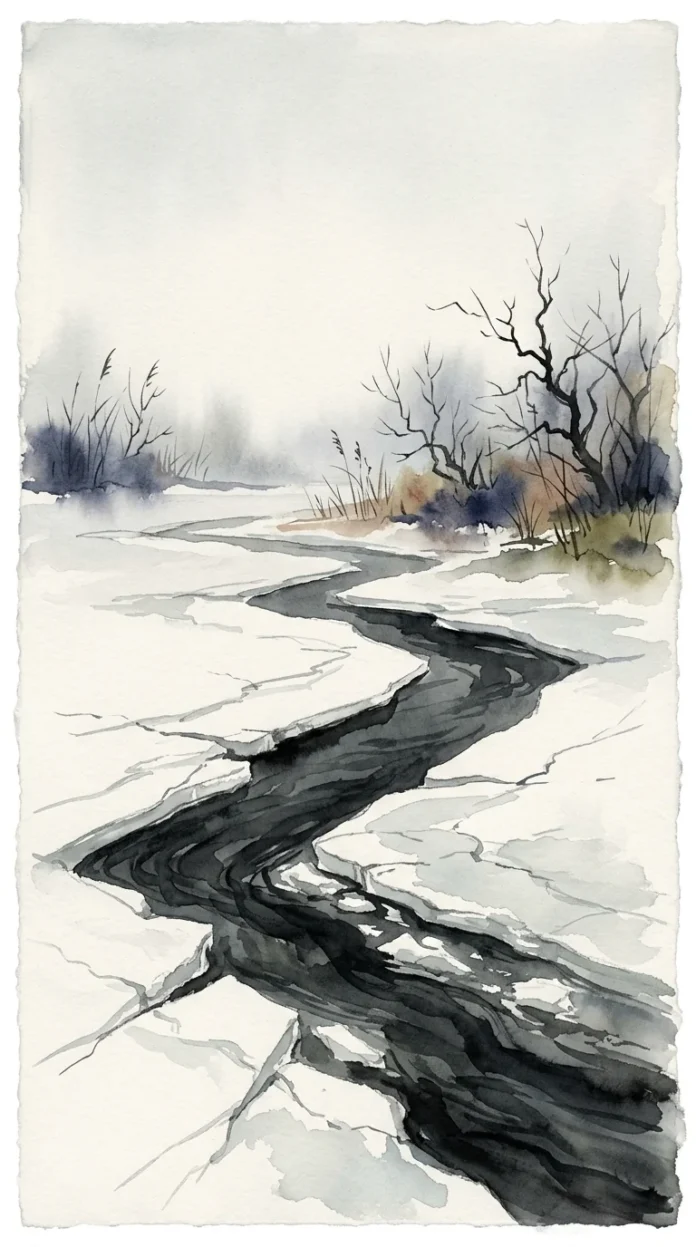 When the River Loosens — vertical ink painting Ink painting of a river breaking free from late-winter ice beneath a pale, spacious sky.