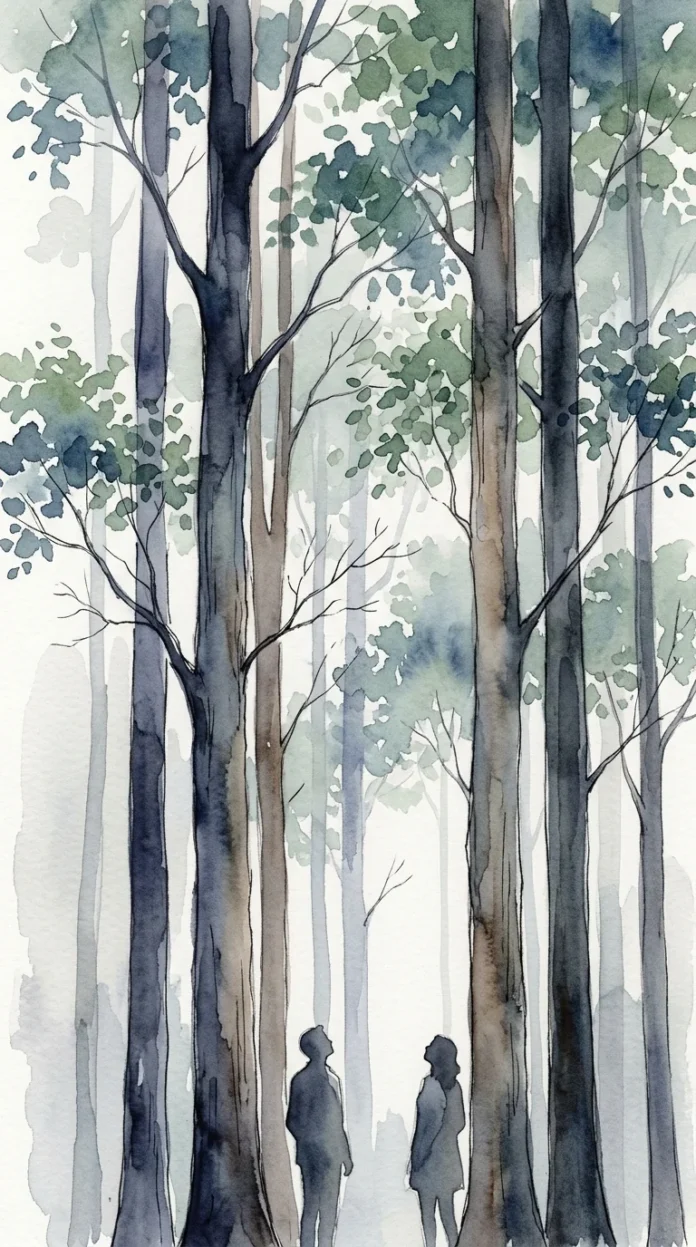 The Silence of Trees — poetic illustration Poetic ink-and-watercolor illustration of an old deciduous tree at dusk, with wide roots, soft negative space, and a quiet, literary winter atmosphere.