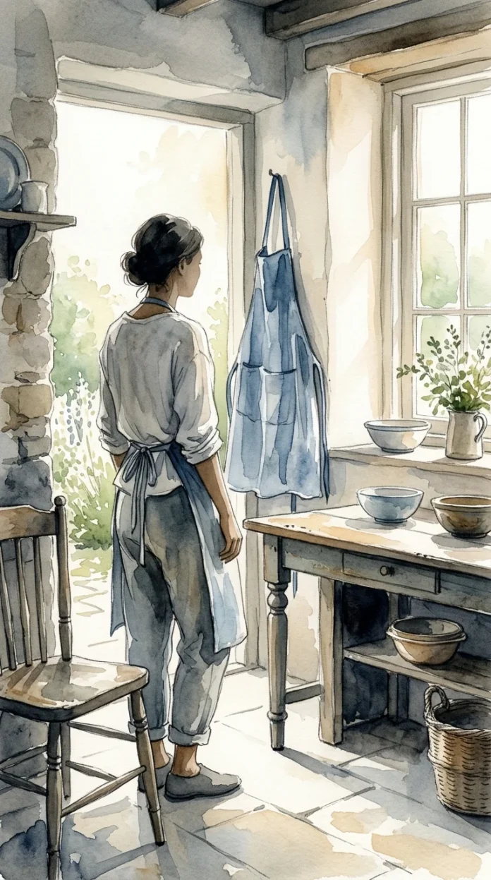 The Blue Apron — poetic illustration Poetic ink and watercolor illustration of a blue apron hanging in a softly lit kitchen