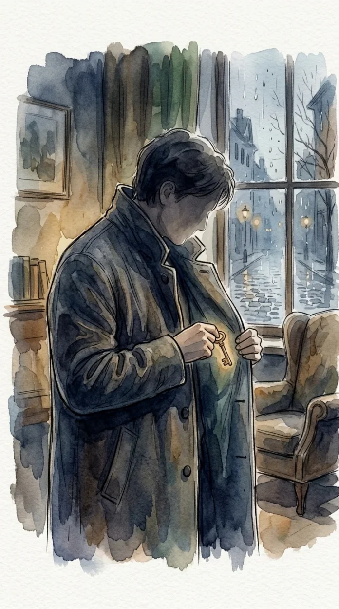 Poetic illustration — The Key in the Lining A subtle silhouette beside an old coat and a small glowing key, contemporary ink and watercolor poetry illustration