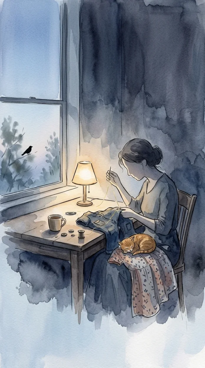The Seamstress Before Light Ink and watercolor of a quiet morning mending before dawn