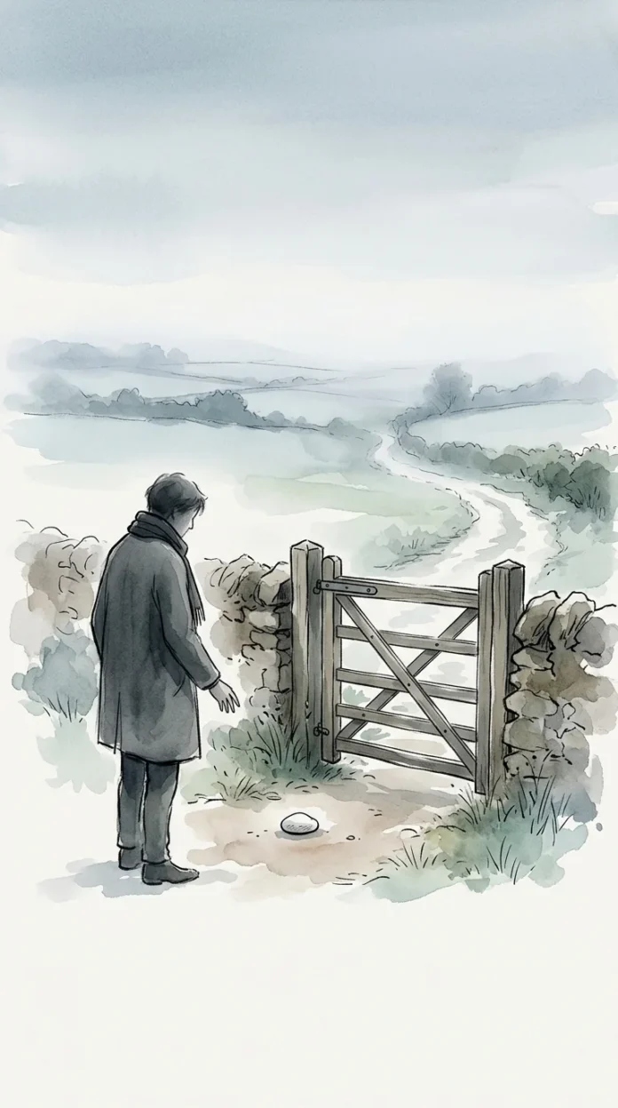 The Stone We Set Down — poetic illustration Poetic watercolor and ink illustration of a small pale stone beside a field gate in soft light