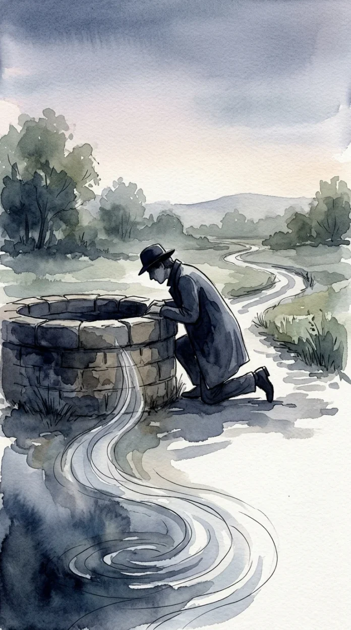 The Well That Answers — poetic illustration Ink and watercolor illustration of a stone well at dusk, a single warm light beside it, made for the poem "The Well That Answers"